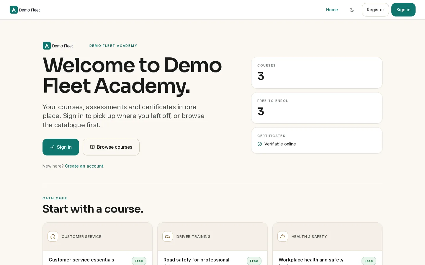 A demo academy's learner portal with its own logo, colours and course catalogue